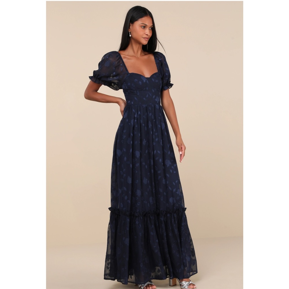 Lulu's Navy Blue Puff Sleeve Maxi Dress